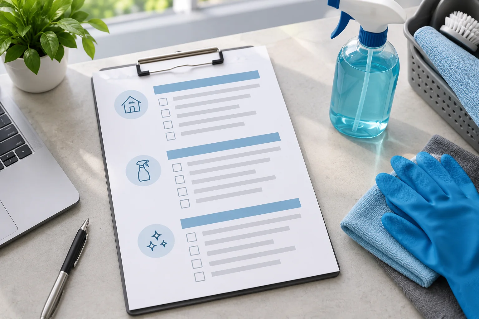 Printable cleaning SOP checklist preview beside cleaning tools