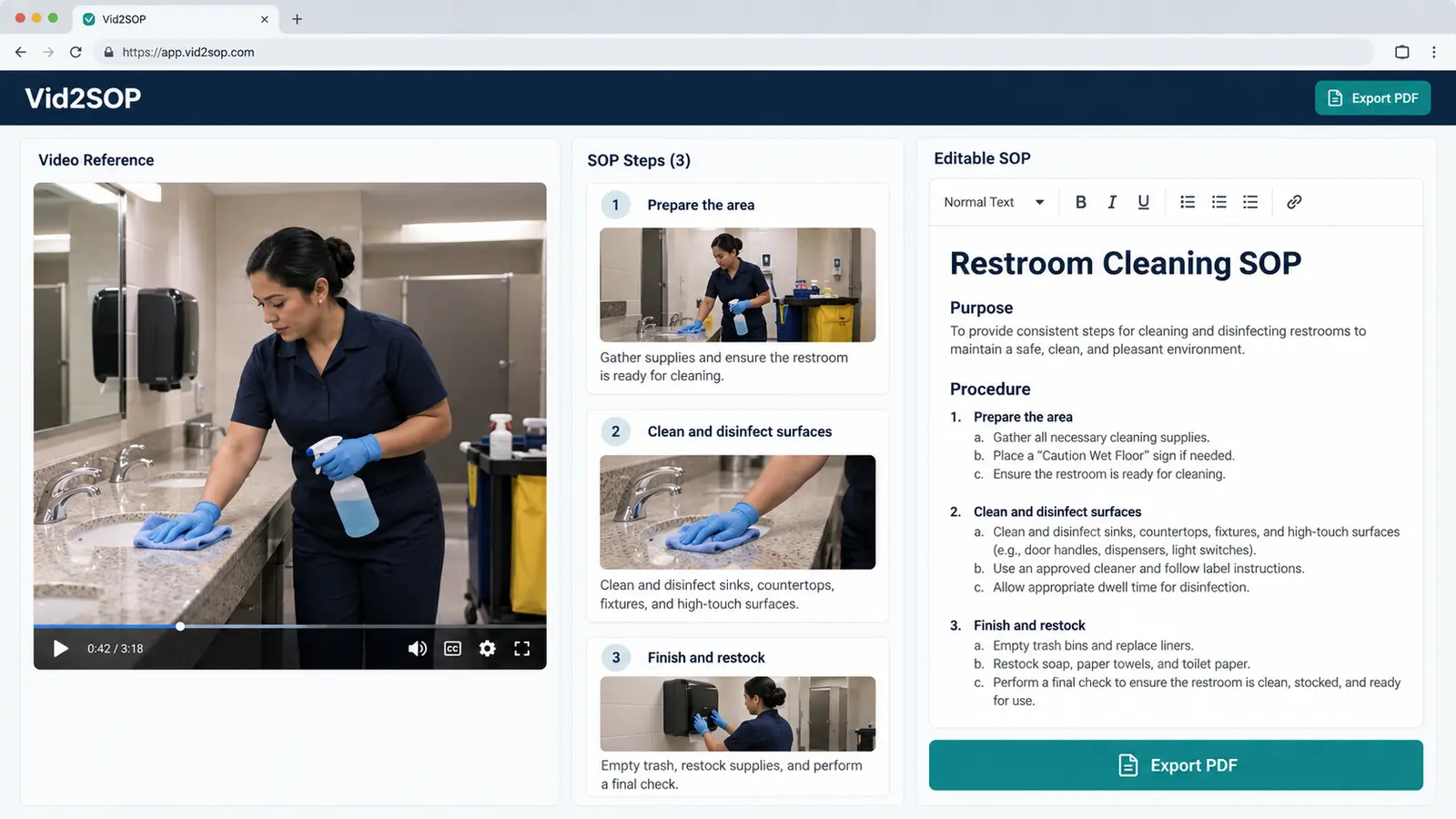Vid2SOP interface turning a cleaning training video into editable SOP steps