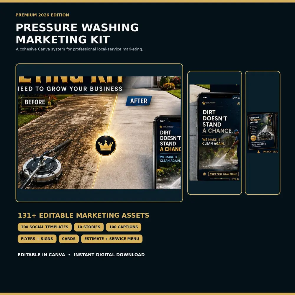 Preview of the Pressure Washing Canva Templates, social media kit, and marketing assets available from Local Growth Studio on Etsy