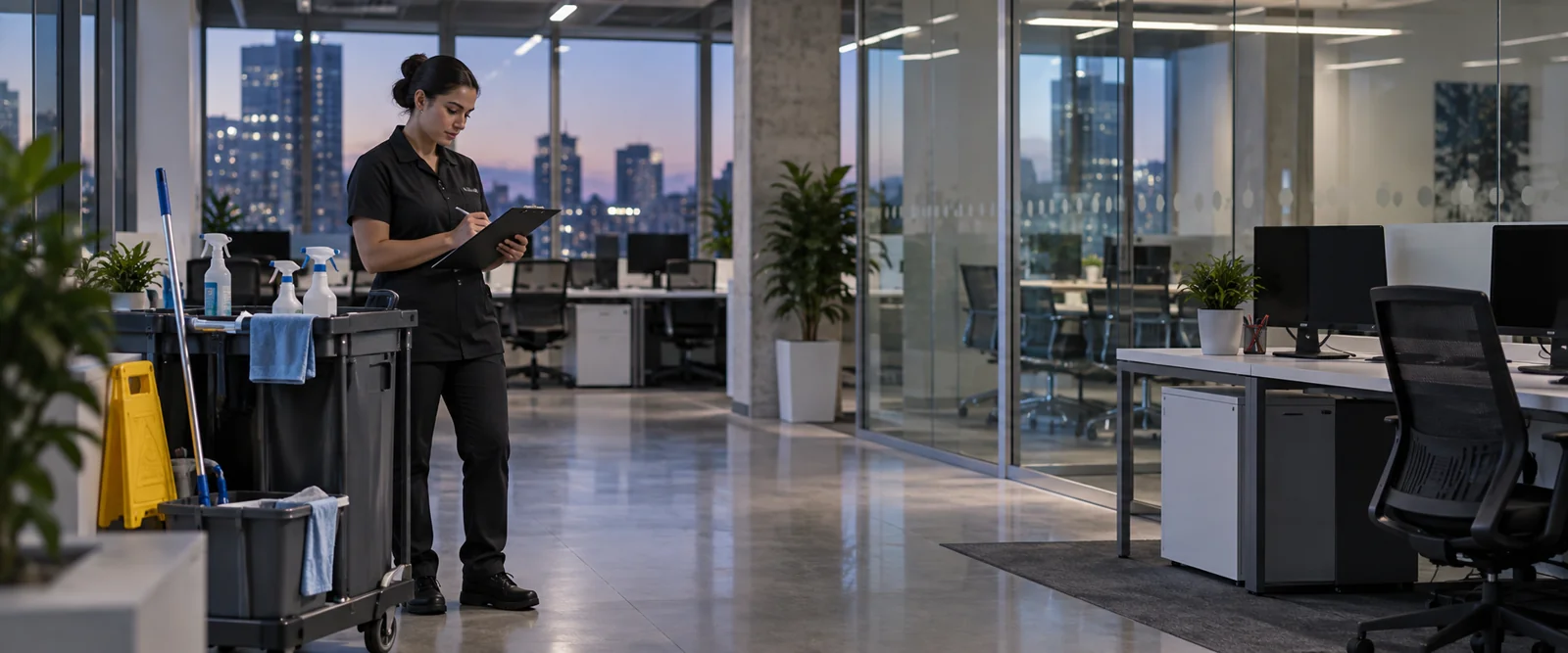Professional cleaner reviewing an office cleaning checklist after hours