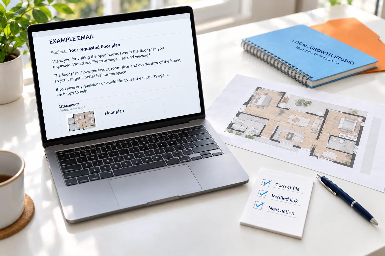 Check the requested attachment, verified link, and next action before sending an open house follow-up email. Illustrative email example with Local Growth Studio materials.
