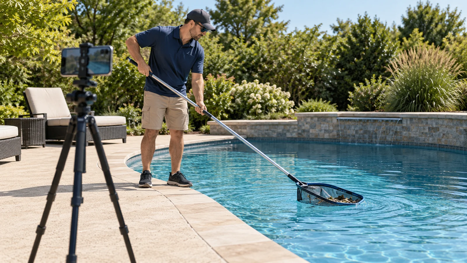 AI-generated editorial illustration of a pool technician recording a skimming task with a phone secured on a tripod