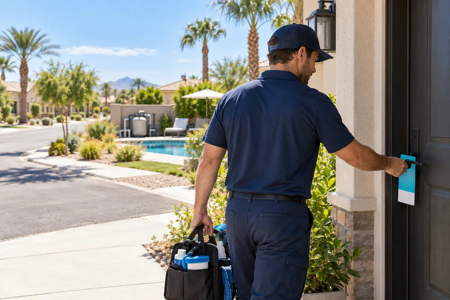 AI-generated editorial image of a pool service technician leaving a blank door hanger at a suburban home