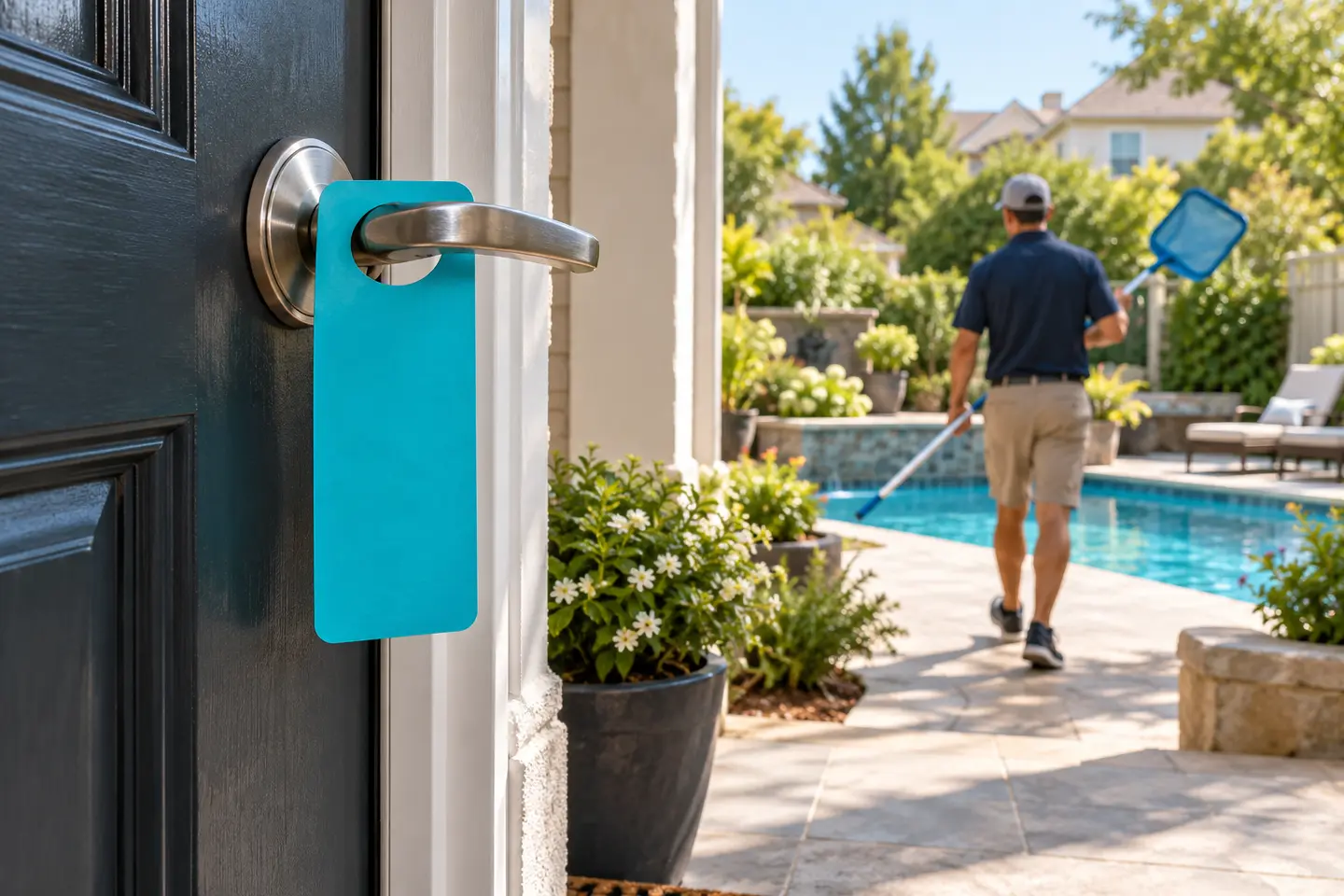 AI-generated editorial image of a blank door hanger on a front door with a pool service technician working in the background