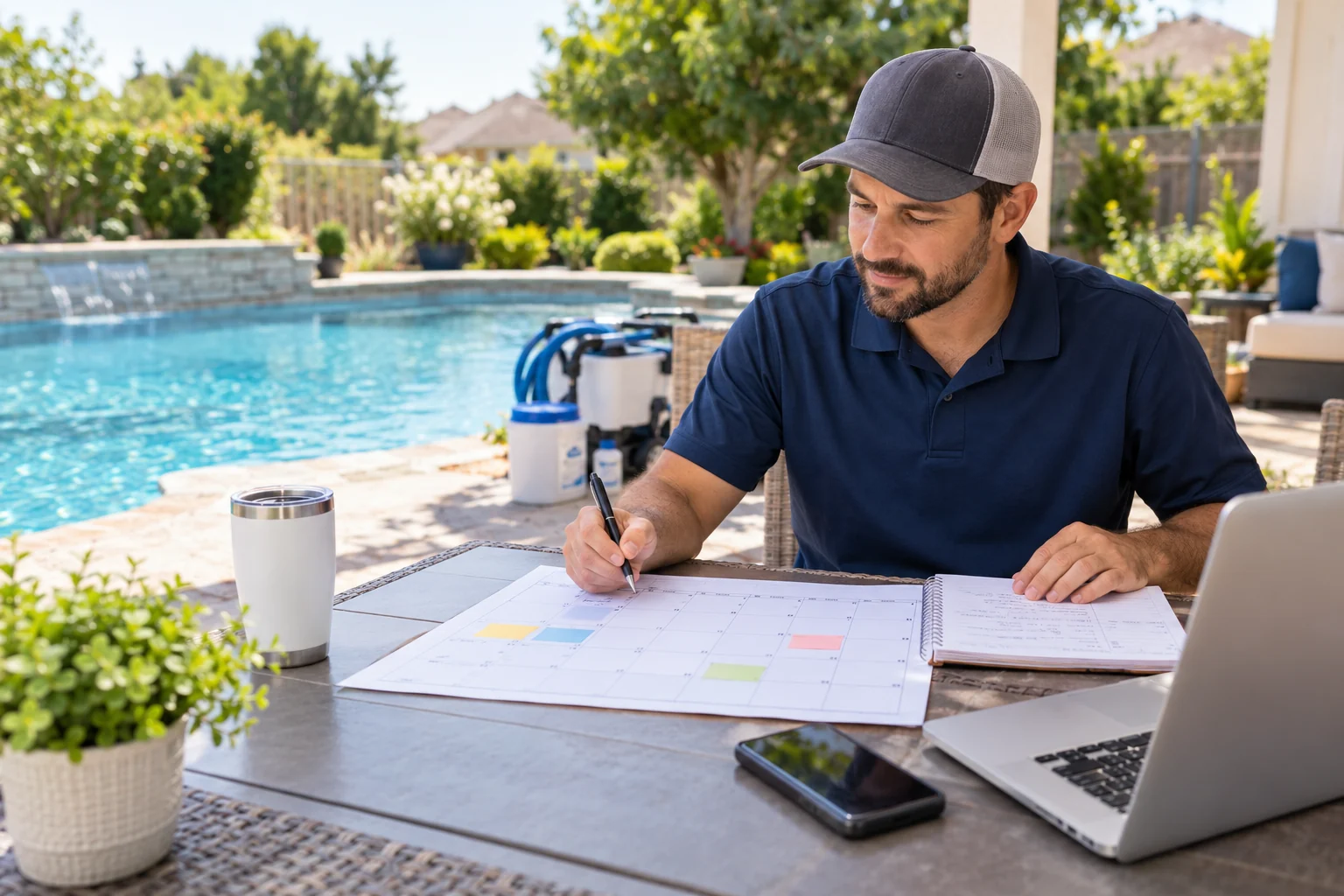 AI-generated editorial image of a pool service business owner planning a monthly marketing calendar beside a pool