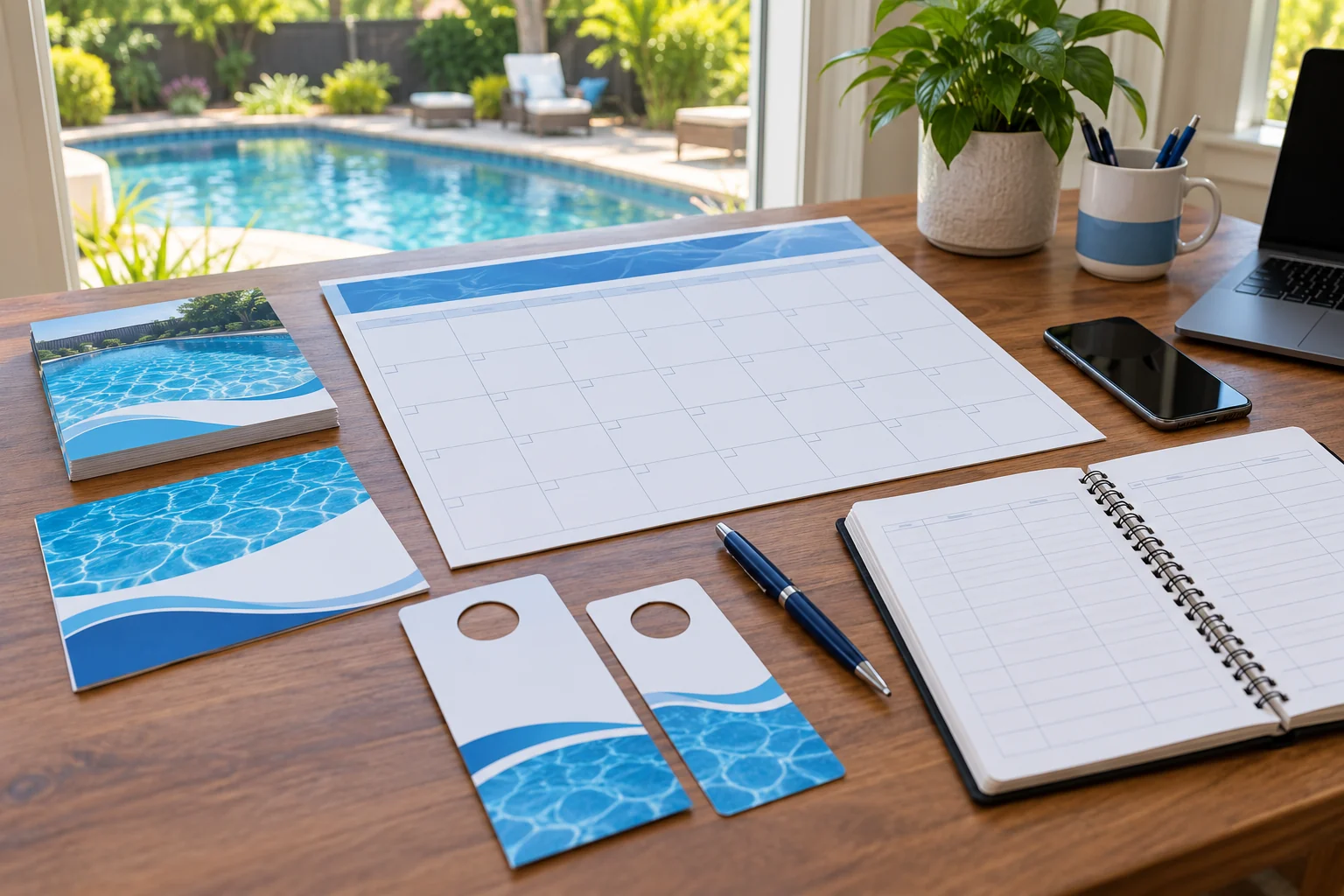 AI-generated editorial image of a monthly calendar, pool-themed marketing materials, and a notebook on a desk