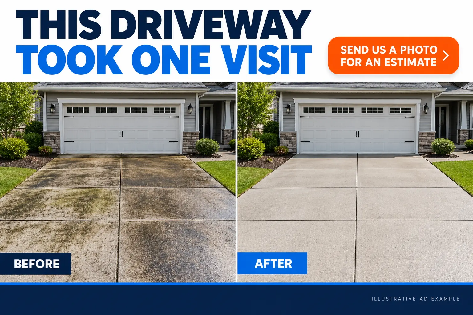 AI-generated illustrative pressure washing before-and-after advertisement; not a customer project or performance claim
