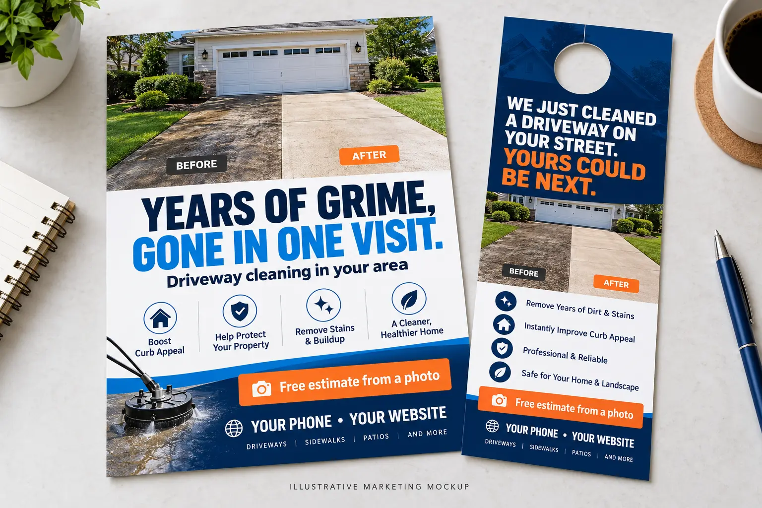 AI-generated illustrative pressure washing flyer and door hanger mockup with contact placeholders