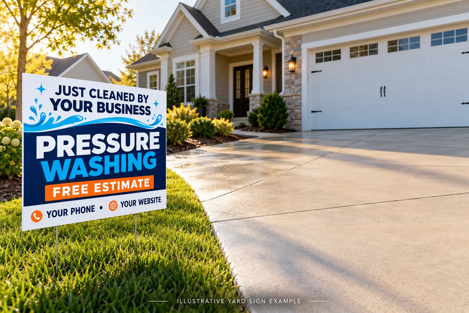 AI-generated illustrative pressure washing yard sign at a freshly cleaned driveway with placeholder contact details