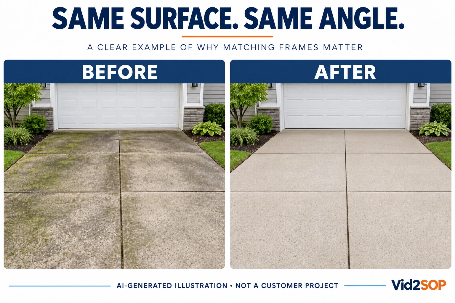 AI-generated educational before-and-after driveway comparison demonstrating matching camera angles
