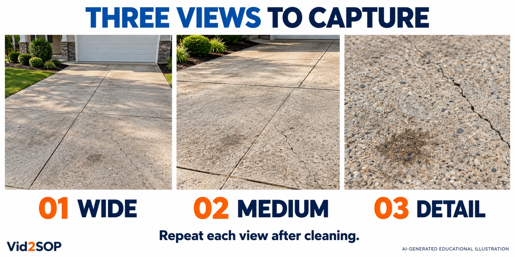 AI-generated educational illustration showing wide, medium, and detail views of a driveway; repeat each view after cleaning