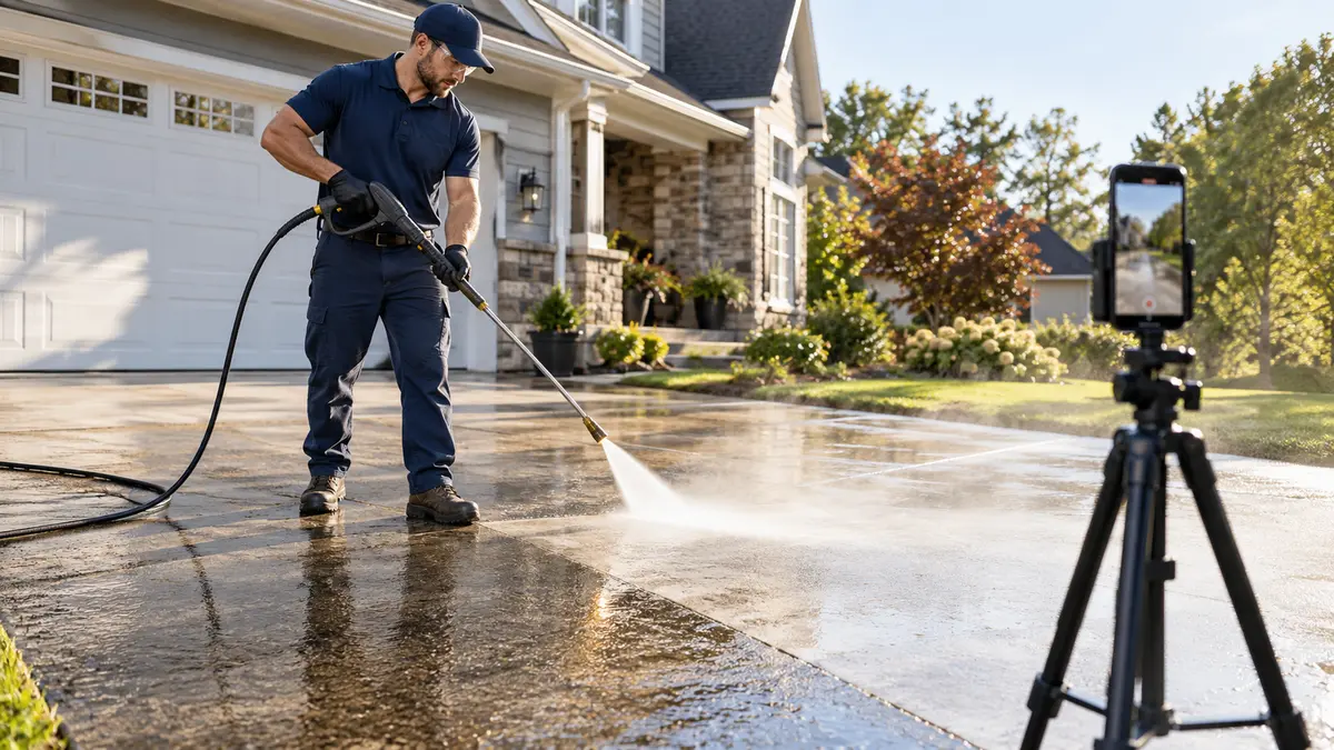 Pressure washing contractor recording a driveway cleaning job with a phone mounted on a tripod