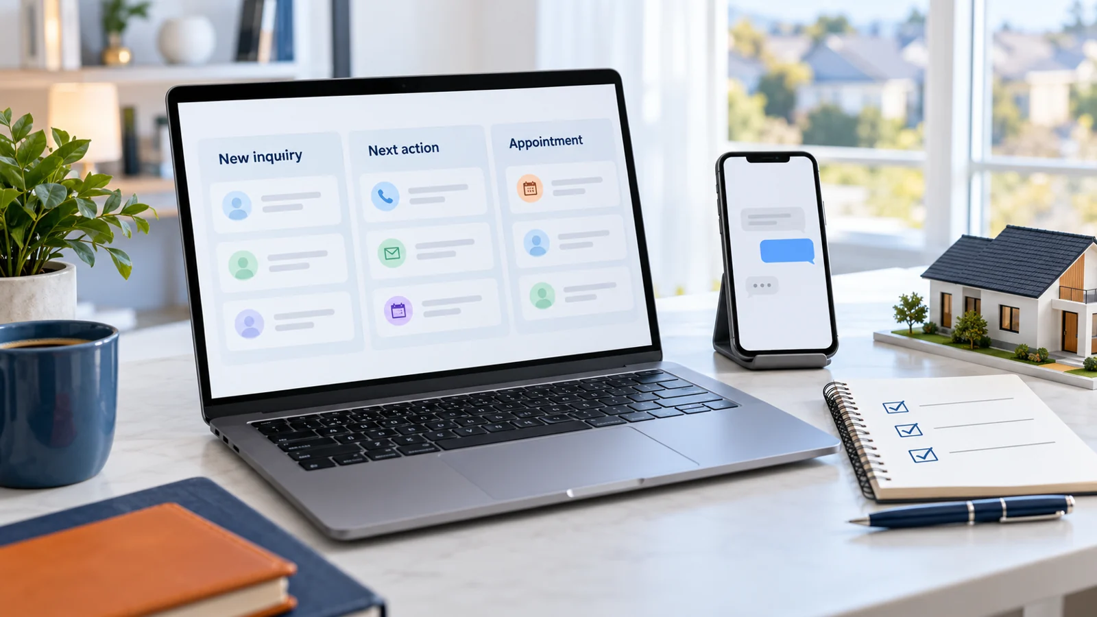 Illustrative real estate workspace with a generic lead tracker, upright phone, house model, and paper checklist