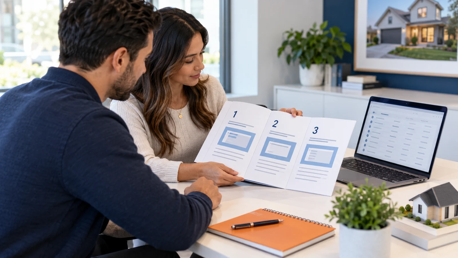Illustrative scene of colleagues reviewing a visual procedure for handling real estate inquiries.