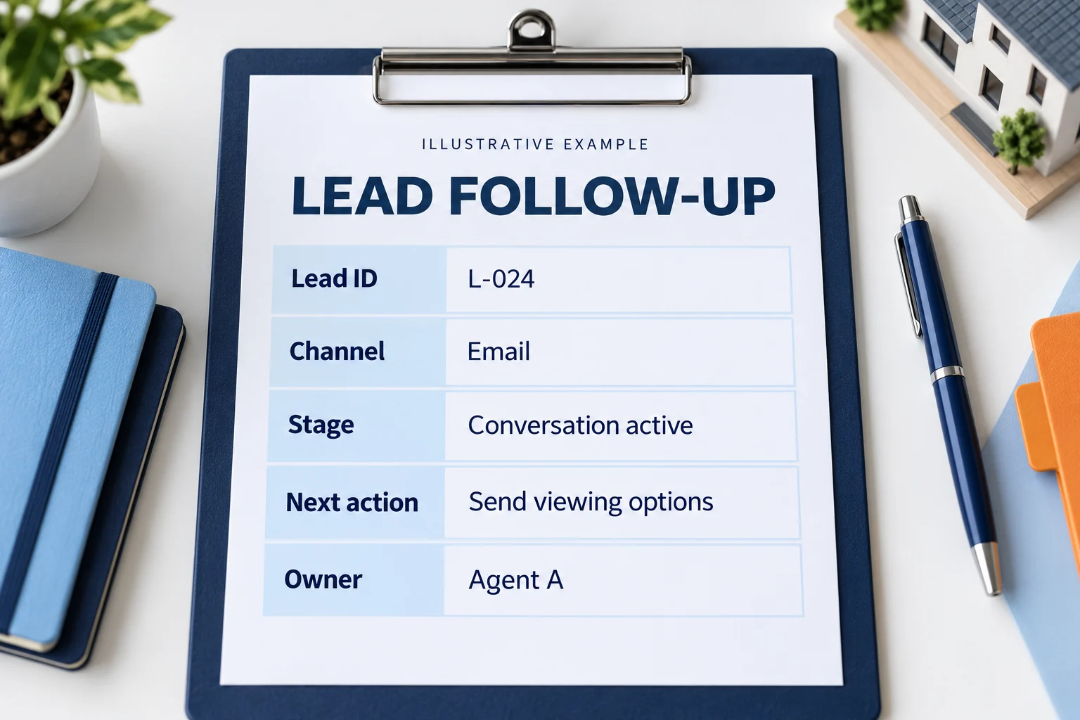 Illustrative lead-tracking sheet showing fictional lead L-024, email preference, an active conversation, and an assigned next action.