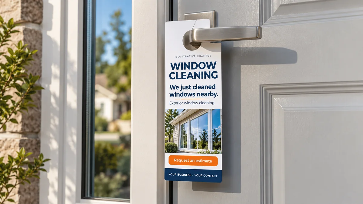 Illustrative window cleaning door hanger hanging securely on a residential front door, with no real business contact details