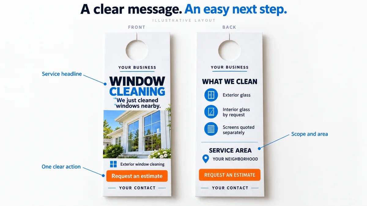 Illustrative front and back door hanger design showing a clear service headline, scope, area, and estimate call to action