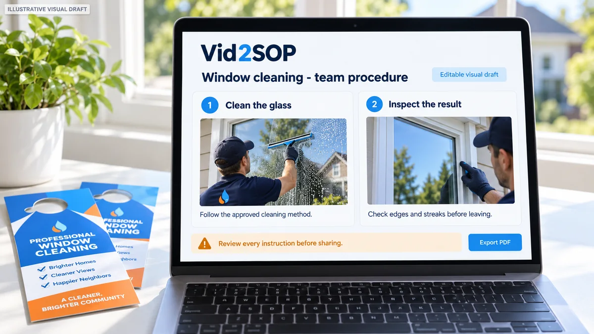Illustrative Vid2SOP visual draft concept showing user-written window cleaning steps with captured video frames
