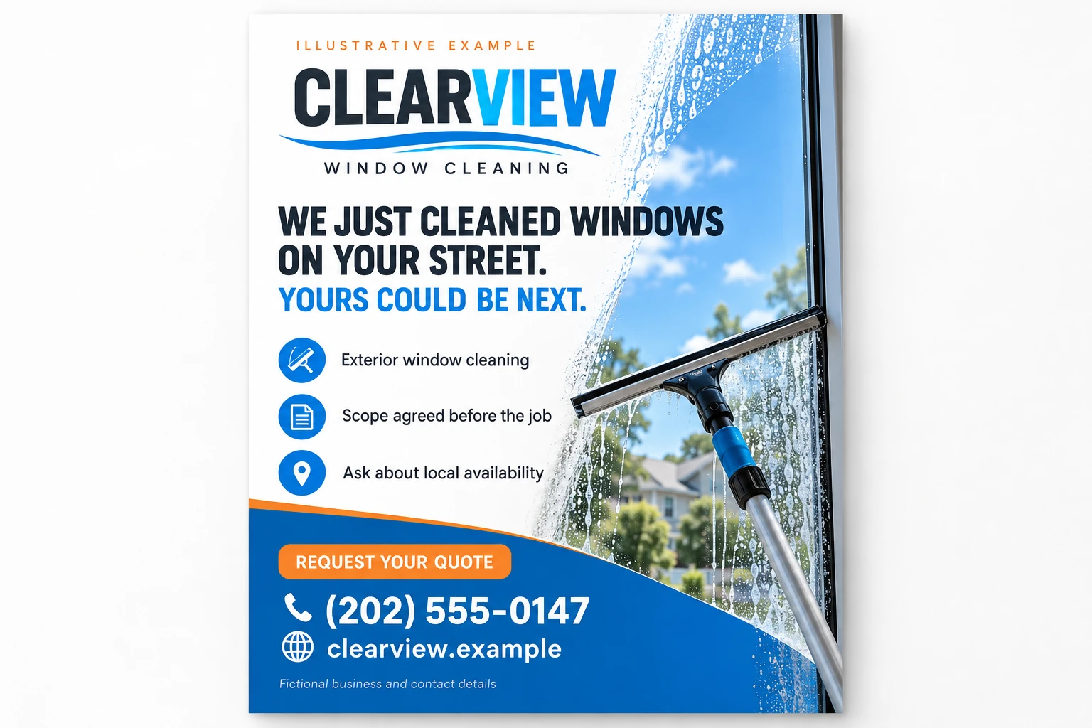 Illustrative window cleaning flyer with a local headline, service lines, and clearly fictional business and contact details