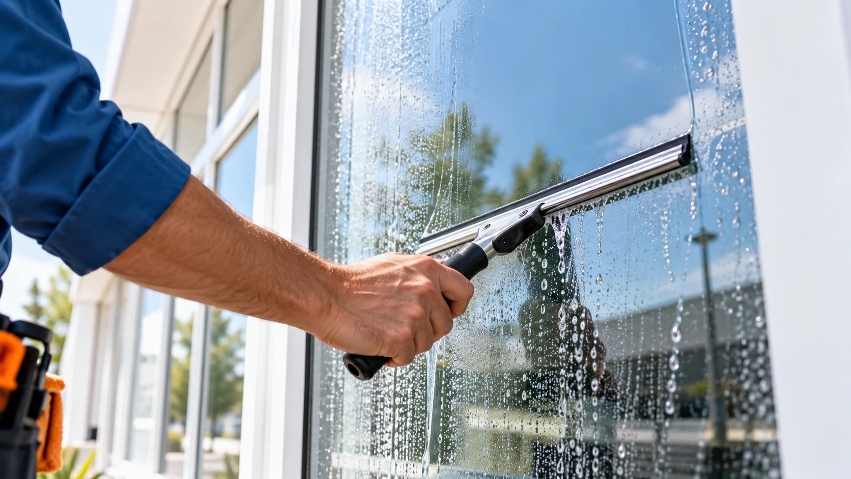 AI-generated editorial illustration of a hand using a squeegee on accessible ground-level glass