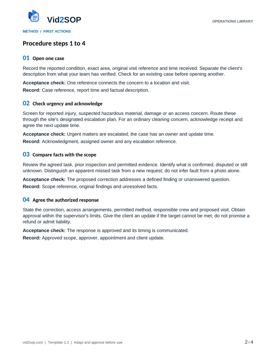 Actual procedure page of the Cleaning Complaint and Reclean SOP PDF
