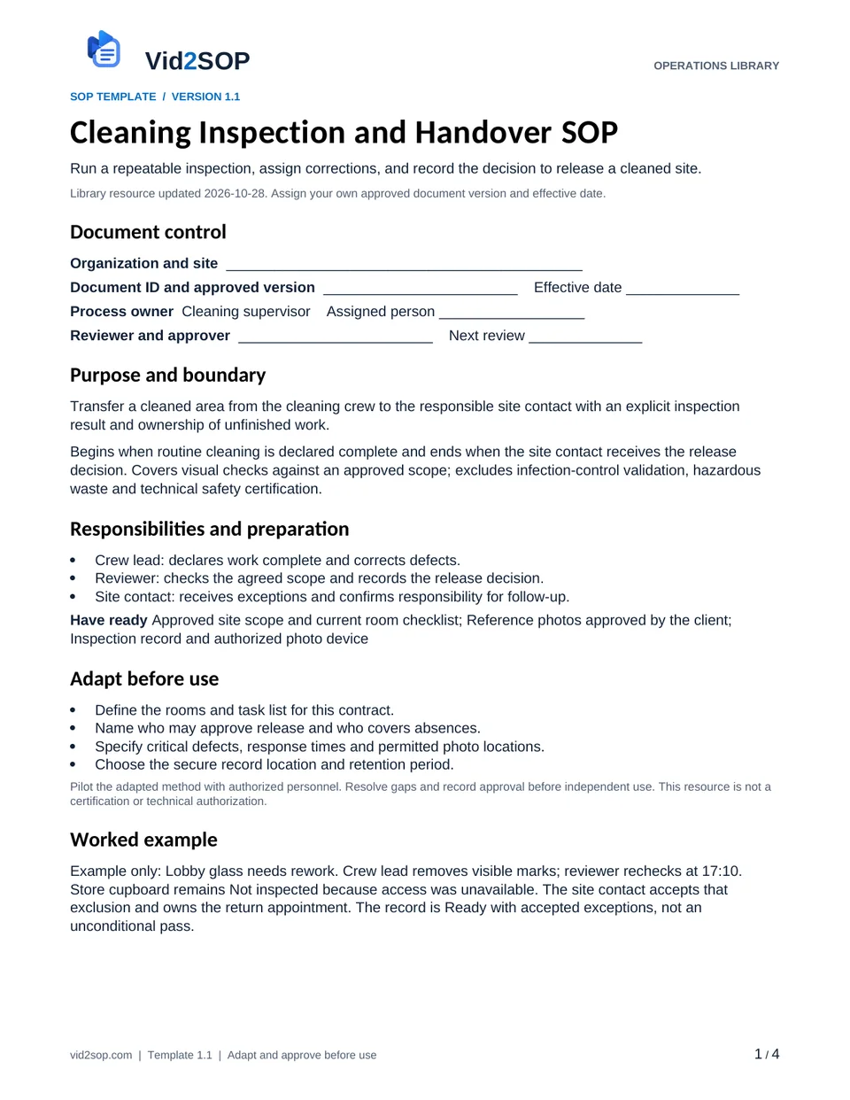 Actual first page of the Cleaning Inspection and Handover SOP PDF