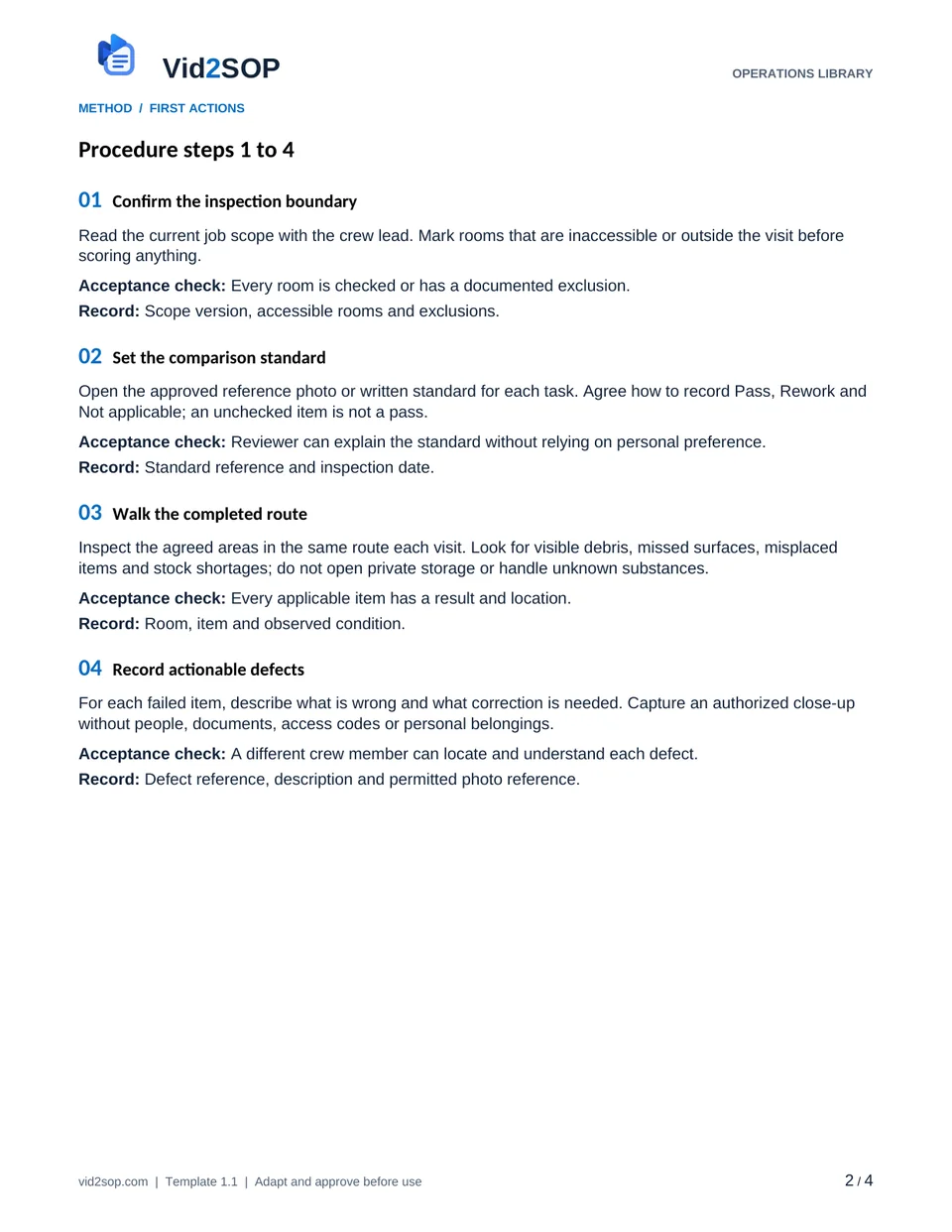 Actual procedure page of the Cleaning Inspection and Handover SOP PDF