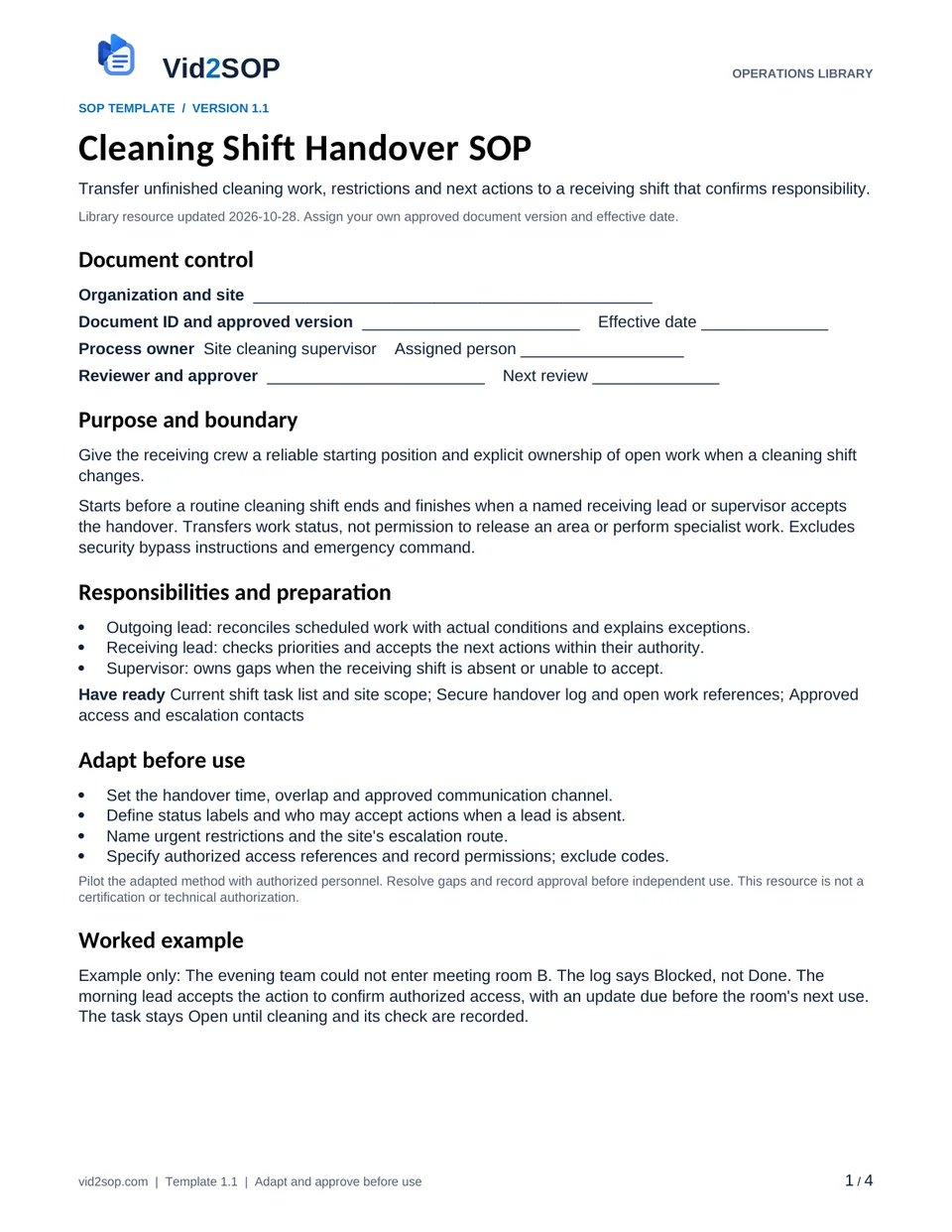 Actual first page of the Cleaning Shift Handover SOP PDF