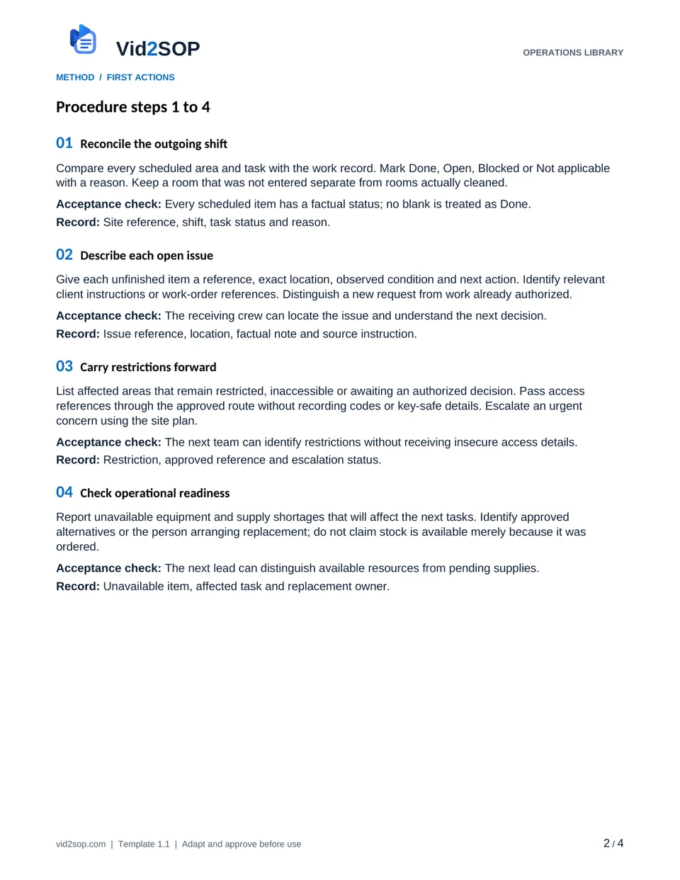 Actual procedure page of the Cleaning Shift Handover SOP PDF