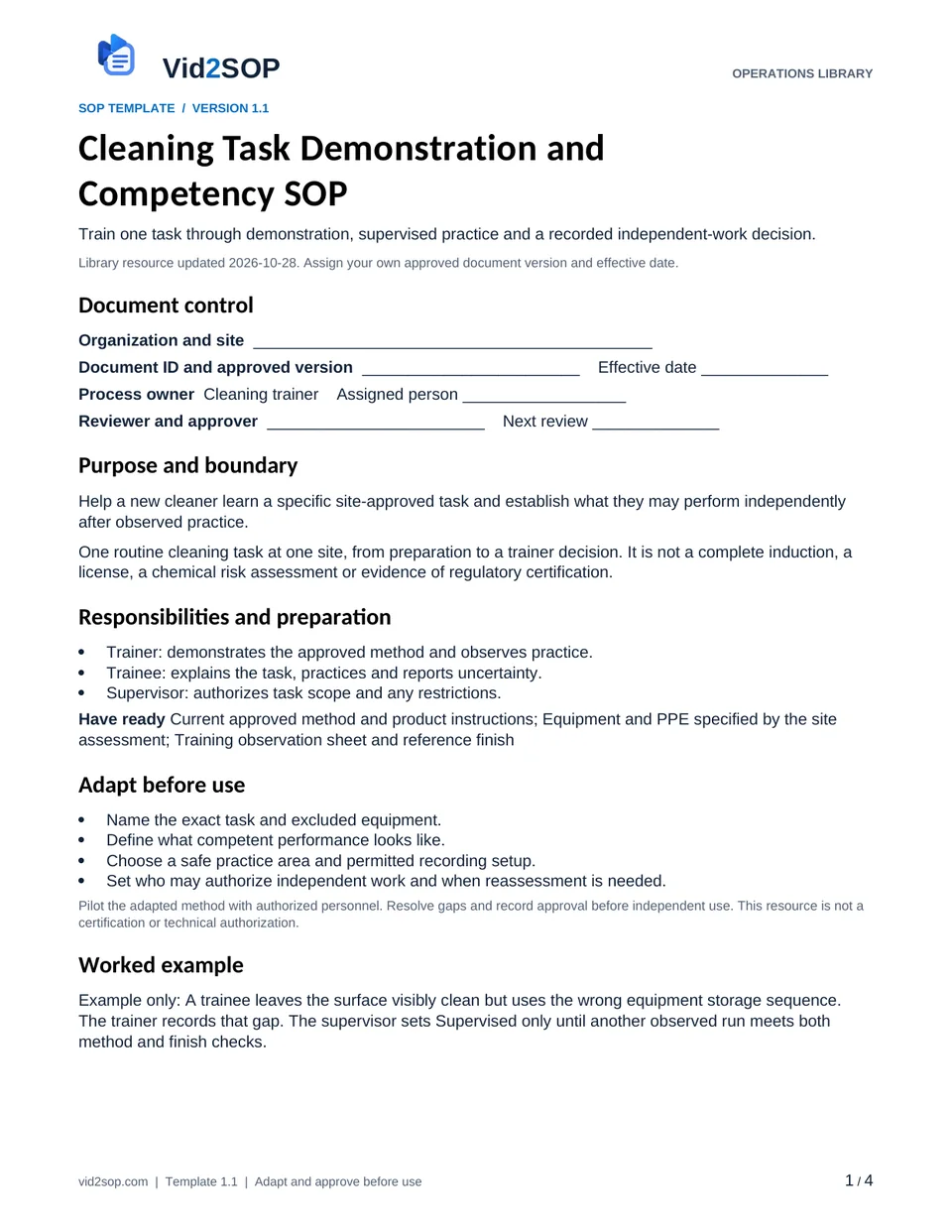 Actual first page of the Cleaning Task Demonstration and Competency SOP PDF