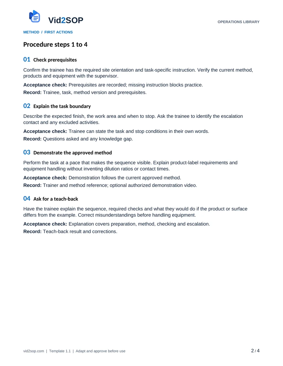 Actual procedure page of the Cleaning Task Demonstration and Competency SOP PDF