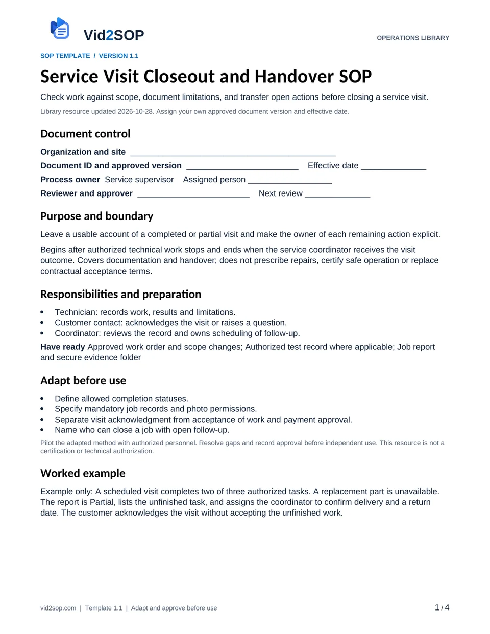 Actual first page of the Service Visit Closeout and Handover SOP PDF