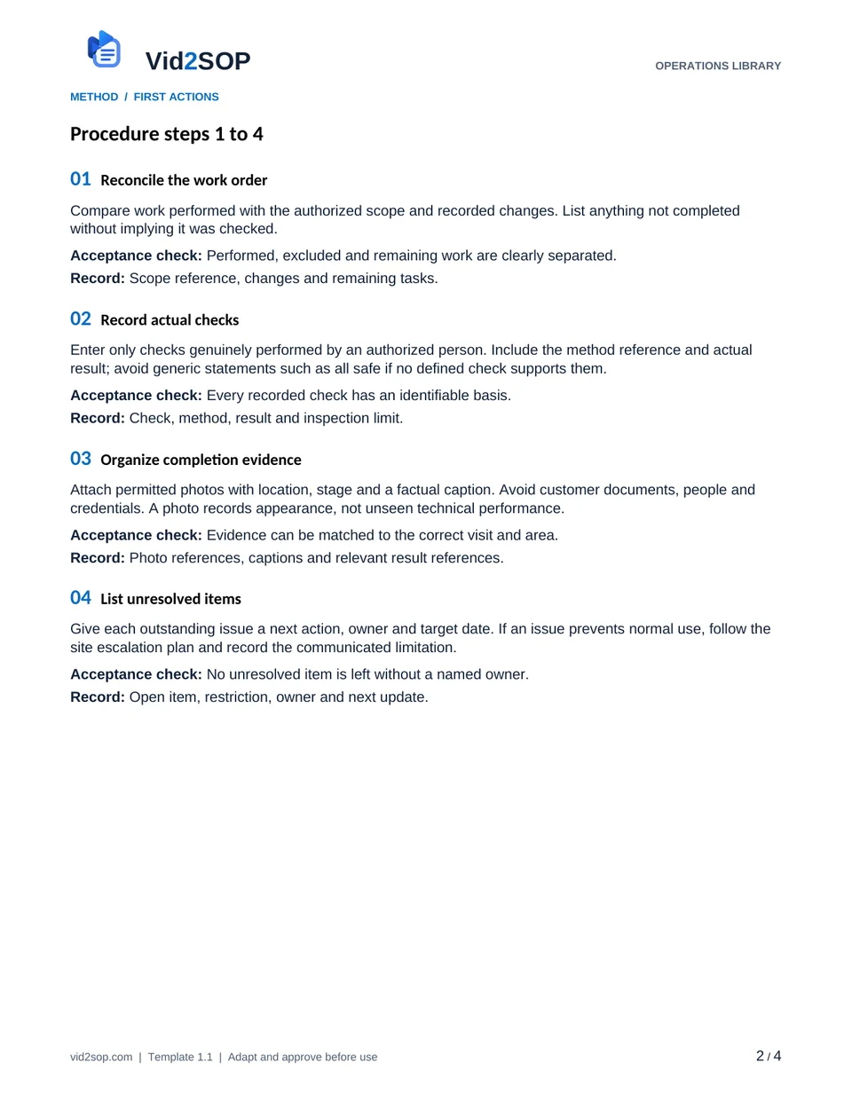 Actual procedure page of the Service Visit Closeout and Handover SOP PDF