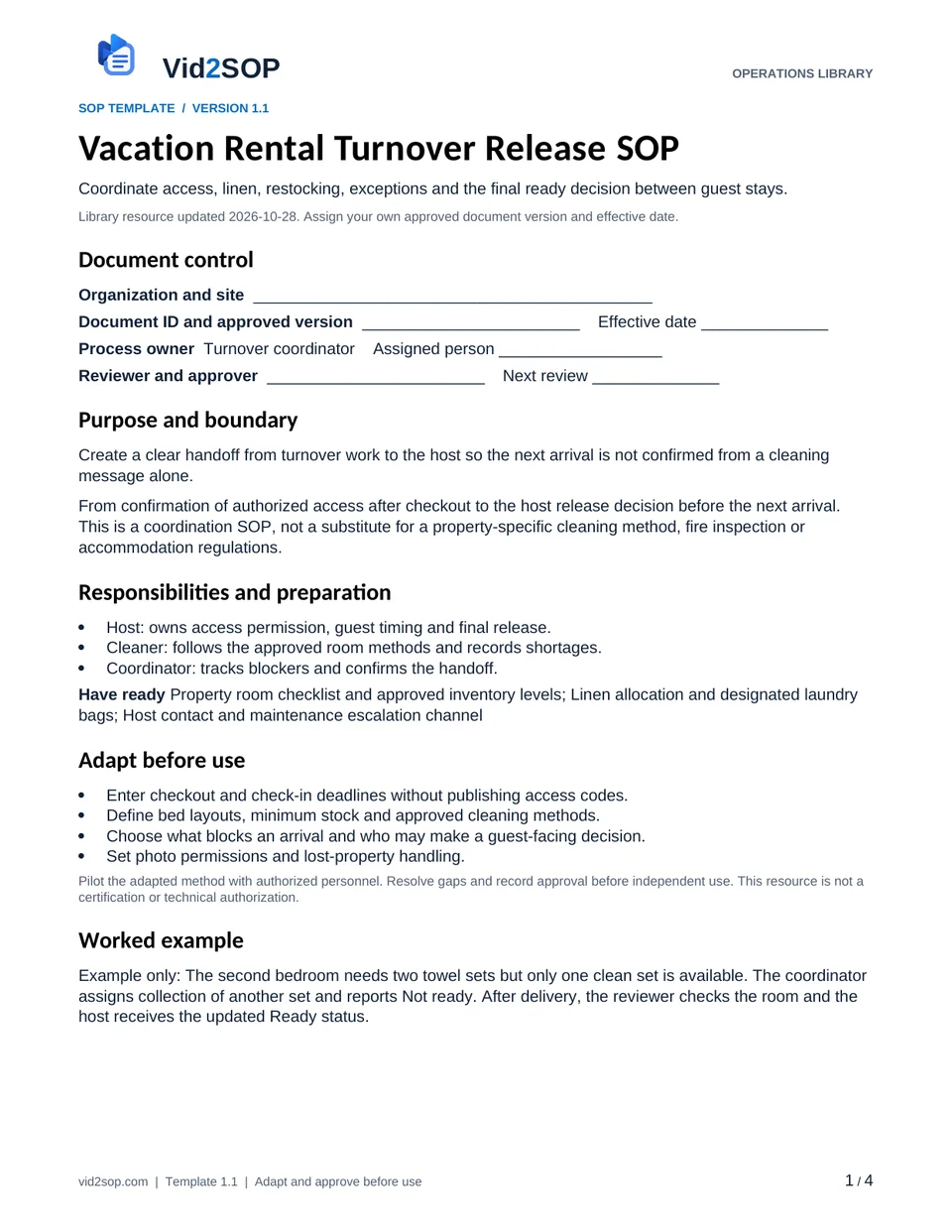 Actual first page of the Vacation Rental Turnover Release SOP PDF