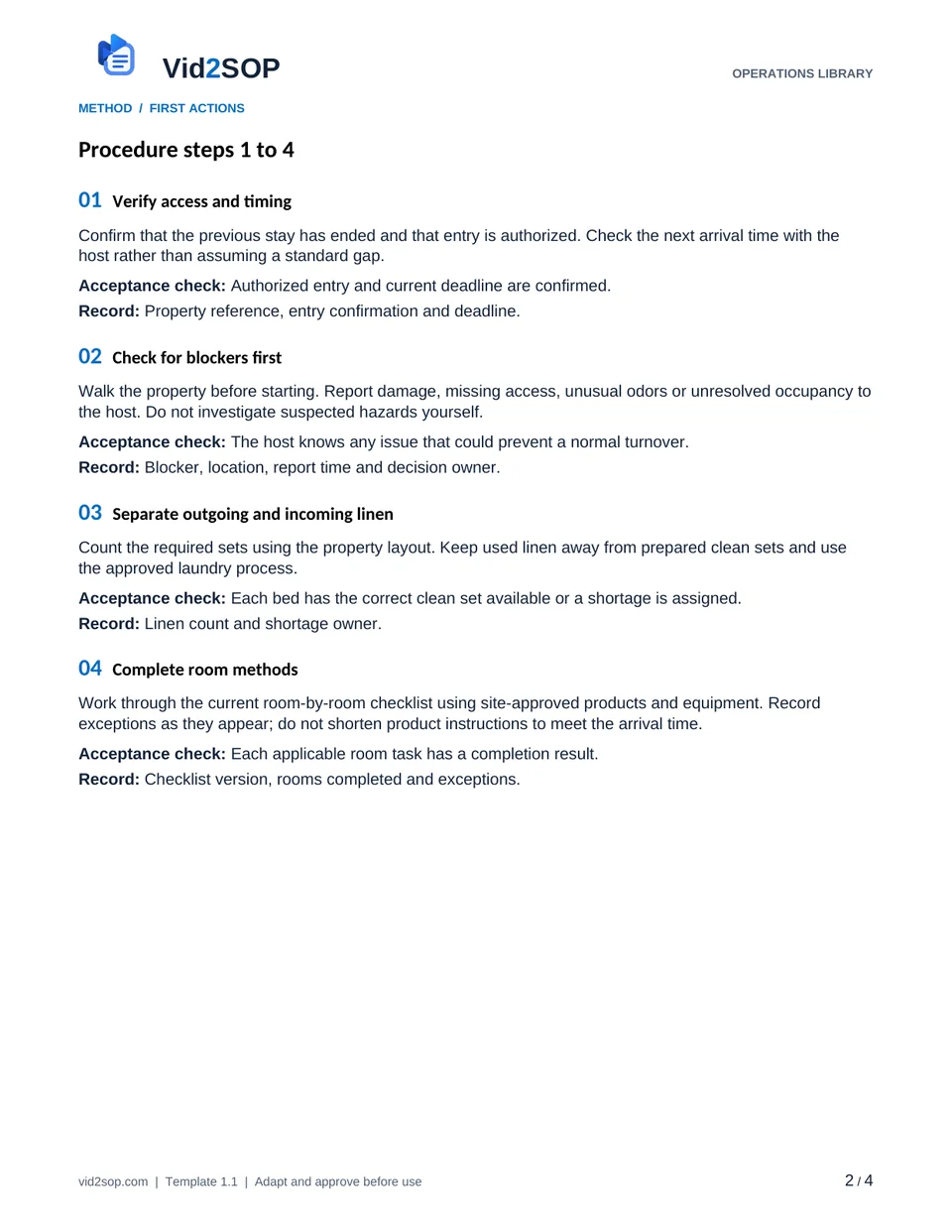Actual procedure page of the Vacation Rental Turnover Release SOP PDF