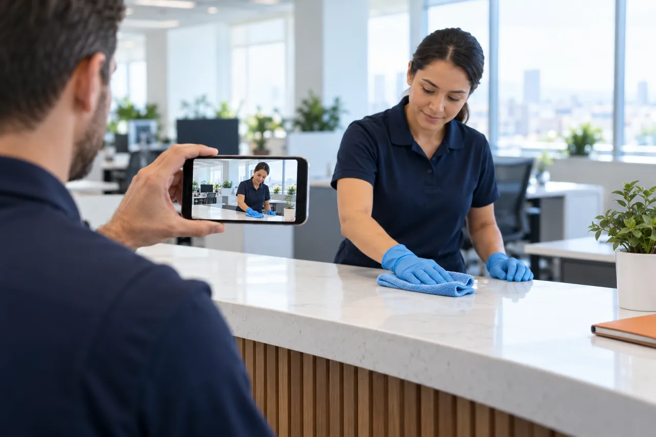 A supervisor records a cleaning task demonstration on a phone