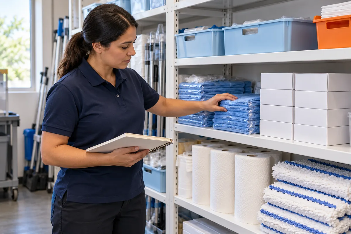 A team lead counts service consumables on organized shelves